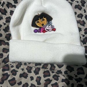 White Knit Beanie with Embroidered Dora & Boots
